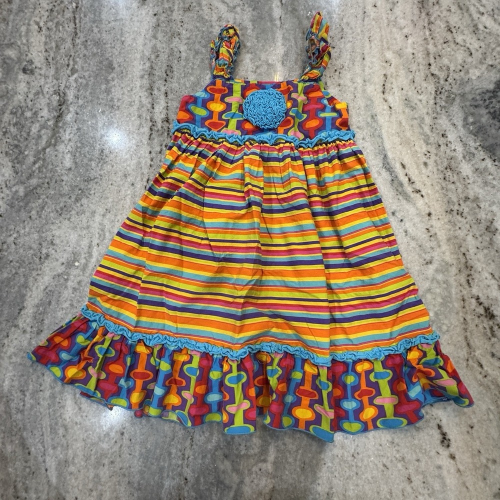 Banana Split Rainbow Colorful Ruffle Midi Dress Girls Size 6 Bright Play Summer